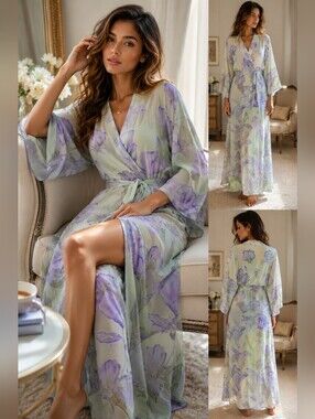 Vintage Etheral Watercolor Floral Wrap Maxi Dress/robe Cottagecore M